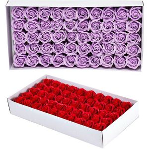 100 Stuks Bloemen Geurende Bad Zeep Rose Bloemblaadjes Plantaardige Etherische Olie Set, 50 Stuks Grote Rode & 50 Stuks Licht Paars