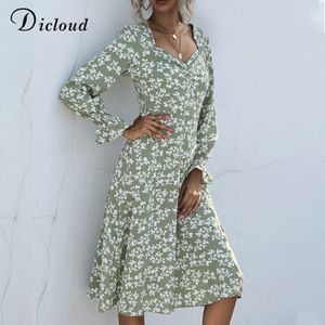 Dicloud V-hals Bloemen Vrouwen Lange Jurken Lange Mouwen Herfst Winter Boho Midi Dress Party Dag Kleding Dames