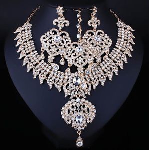 Farlena Sieraden Clear Crystal Rhinestones Kroonluchter Ketting Oorbellen Frontale Ketting Romantische Indian Bruids Sieraden Sets