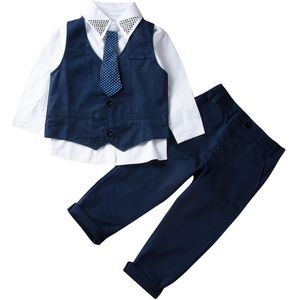 Baby Jongens 4 Stuks Formele Pakken 1-7Y Peuter Kids Lange Mouwen Wit Shirts + Donkerblauw Jasje Tops Vest Vest + Broek + Tie