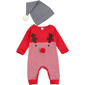 Citgeett Herfst Kerst Baby Baby Jongens Meisjes Gestreepte Herten Print Flared Lange Mouwen Romper + Hat Kleding Xmas Set