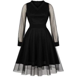 Tonval Zwarte Elegante Gestippelde Mesh Overlay Sheer Lange Mouwen Vrouwen Jurk Herfst Hoge Taille Vintage Midi Party Jurken