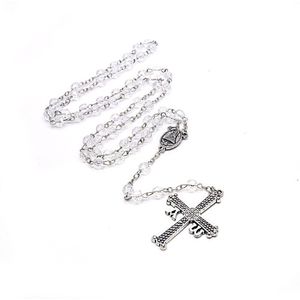 Zwart En Wit Kristal Kralen Rozenkrans Kruis Ketting Hanger Maagd Maria Religieuze Gebed Mannen Mannelijke Sieraden