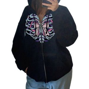 Vrouwen Hooded Trui Volwassenen Boog Ribbenkast Print Lange Mouwen Rits Vest Met Pocket Trekkoord