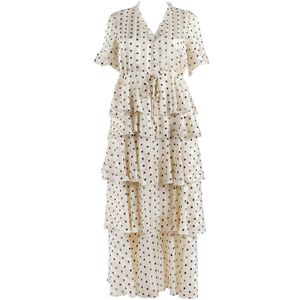 Boho Geïnspireerd Tiered Trekkoord Maxi Jurk Ruffle Hals Jurk Voor Vrouwen Knoppen Polka Dot Shiny Lurex Strepen Zomerjurk