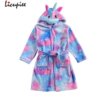 Baby Kid Unisex Robe Nachtkleding Hooded Badjas Flanel Tie-Dye Patroon 3d Eenhoorn Dier Verstelbare Riem Thuis Kleding 5-9 Jaar