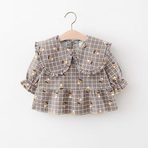 Herfst Baby Meisjes Lange Mouwen Plaid Print Ruches Revers Kraag Katoenen T-shirt Baby Kids Casual Tops Tees