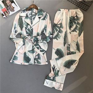 Lente Zomer Bloem Afdrukken Vrouwen Pyjama Sets Met Broek Satijn Nachtkleding Lange Mouw Nachtkleding Pyjama Nightsuit Pijama