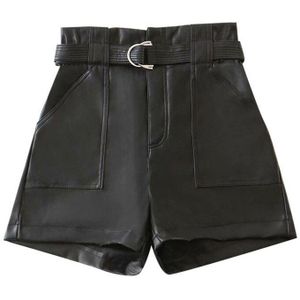 Traf Vrouwen Chic Met Riem Faux Lederen Shorts Vitnage Hoge Taille Rits Zakken Vrouwelijke Korte Broek Mujer