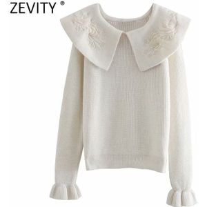 Zevity Vrouwen Mode Bloem Borduren Turn Down Kraag Casual Breien Trui Vrouwelijke Chic Flare Mouwen Truien Tops S431