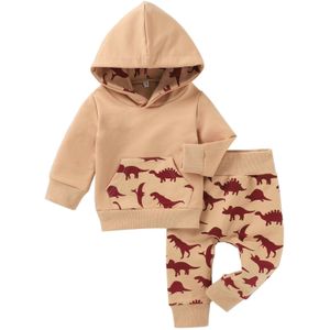 #48 Pasgeboren Baby Baby Jongens Cartoon Dinosaurus Print Hooded Sweater + Broek Outfits Infant Kinderen Winter Warme Kleding
