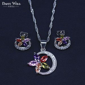 Zilver Kleur Sieraden Multicolor Stenen Zirconia Kostuum Sieraden Sets Voor Vrouwen Oorbellen/Hanger/Ketting/Armband