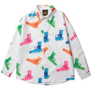 Lindsey Seader Vintage Speelgoed Guns Print Lange Mouwen Jurk Shirts Harajuku Casual Knoppen Shirt Streetwear Hip Hop Mannen Tops