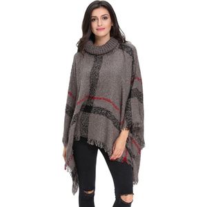 [Visuele Assen] Plus Size Winter Warm Vrouwen Wollen Coltrui Mouwloze Truien Vintage Plaid Gebreide Trui Poncho