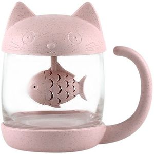 Kat Glas Thee Mok Cup Met Vis Thee-ei Zeef Filter 250 Ml (Wit)