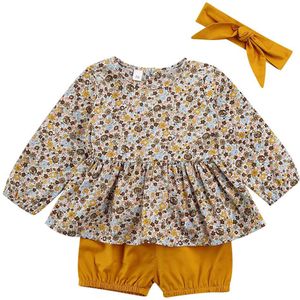 0-18M Baby Kids Meisjes Jongens Kleding Sets 3pcs Bloemenprint Lange Mouwen T Shirts Tops + solid Shorts Leggings Hoofdband