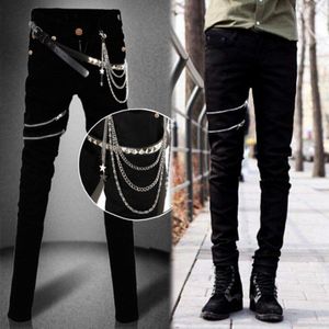 Mens Punk hip hop Zwarte Jeans Lap Hip Rivet Slim Fit Biker Denim Broek Jongens Singer Stadium Ripped Skinny Jeans met Riemen &amp; Kettingen