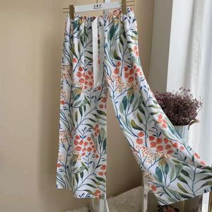 Womens Bloemenprint Broek Wijde Pijpen Loungewear Broek Nachtkleding Sleep Bottoms Dames Mode Elastische Tailleband Met Koord