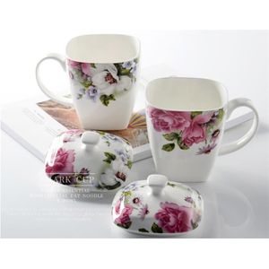 500 ML Leuke bloemen rose bone china ontbijt mok, creatieve bloem ontworpen, emaille mok, keramische koffiekopje, met deksel