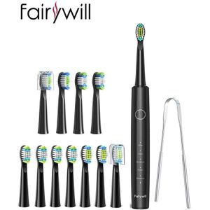 Fairywill Sonic Elektrische Tandenborstel E10 Usb Snel Opladen 5 Modus Tandenborstels Voor Volwassen Met 8 Tand Opzetborstels 1 Tong schrapen