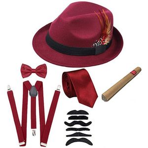 Halloween Cosplay Kostuum 1920S Mens Gatsby Gangster Accessoires Set - Fedora Krantenverkoper Hoed Bretels Armbanden Gebonden Bowtie