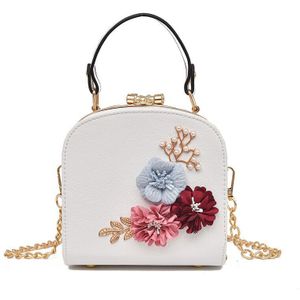 Handmade Flowers Bucket Bags Women Mini Shoulder Bags With Chain Drawstring Small Cross Body Bags Pearl Bags Leaves Decals