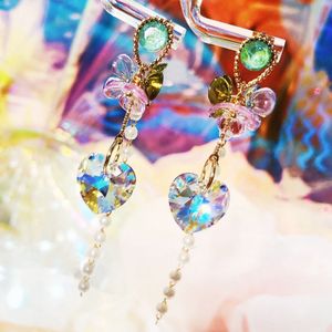 Mengjiqiao Koreaanse Handgemaakte Heart Crystal Dangle Oorbellen Voor Vrouwen Meisjes Acryl Bloem Parel Kralen Peboucle Oreille Sieraden