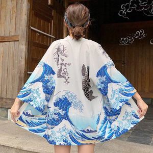 Japanse Retro Uki Print Kimono Vest Shirt Voor Volwassen Losse Lichtgewicht Beachwear Karper Wave Patroon Mode Etnische Kleding