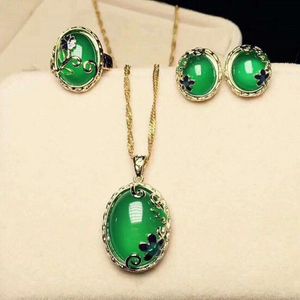 Yu Xin Yuan Fijne sieraden cloisonne groene jade sieraden ring van ketting oorbellen ring 925 drie chalcedoon pak cloisonne craft