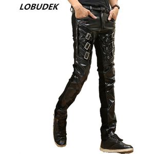 Herfst Winter Mannen PU Lederen Broek Zwart Tij Slanke Lederen Broek Nachtclub Bar Punk Stijl Rock Zanger Kostuum Casual Broek