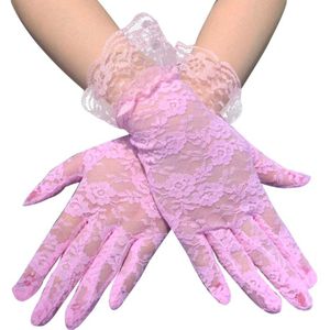 Vrouwen Vintage Zon Bescherming Volledige Vinger Korte Handschoenen Effen Kleur Sheer Floral Lace Jacquard Ruches Trim Pols Lengte Rijden W