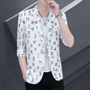 2022 Zomer Brief Gedrukt Mannen Blazers 3/4 Mouwen Casual Pak Jas Bruiloft Business Social Jurk Jas Toevallige Slanke Blazer