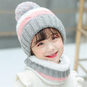Grote Kinderen Winter Muts En Sjaal Set Kind Pluche Warm Pom Pom Cap Sjaals Meisjes Patchwork Circulaire Sjaal hoed 5-12T