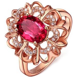 Goud Kleur Ring Sieraden Rode Cz Stone Flower Ringen Voor Vrouwen Bruids Bruiloft Sieraden Accessoires