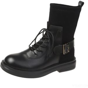 Vrouwen Enkellaarsjes Platform Retro Dames Chunky Hak Schoenen Handgemaakte Vierkante Hak Vierkante Neus Gesp Cross-Gebonden