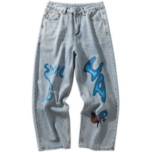 Hip Hop Mannen Jeans Denim Losse Blauwe Rechte Graffiti Print Gewassen Biker Vintage High Street Broek Rap Punk Outdoor Broek