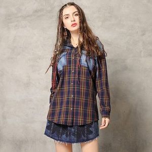 Blouse Vrouwen Yuzi. kan Boho Turn-Down Kraag Enkele Breasted Plaid Womens Tops En Blouses B9285 Blusas Femininas