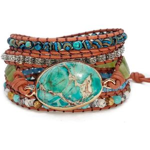 Bohemen Stijl Natuurlijke Stenen Handgemaakte Lederen Wrap Armband Voor Vrouwen Mode Accessoire Multi-layer Kralen Armband Sieraden