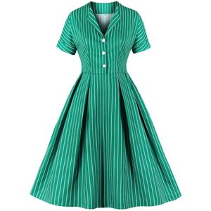 Tonval V-hals Button Up Gestreepte Vintage Kleding Vrouwen Korte Mouw Groen Elegante Pocket Side Een Lijn Jurk