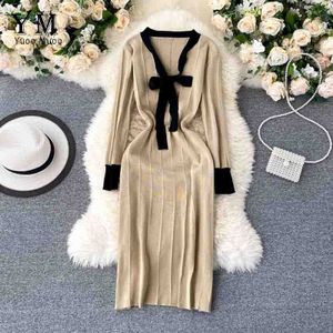 YuooMuoo Bow Tie Collar Knit Women Dress Autumn Winter Long Sleeve Casual Dress Female Basic Knitwear Midi Dress Vestido