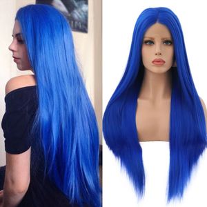 Bettylove Hand Gebonden Blauwe Pruik Lange Rechte Pruiken Lijmloze Hoge Temperatuur Haar Synthetische Lace Front Pruiken Voor Vrouwen Party Pruik