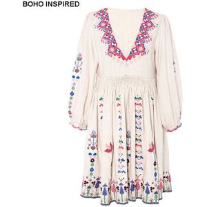 Boho Geïnspireerd Bloemen folkloric Geborduurde Mini boho Jurk 3/4 mouwen zomer jurk gehaakte V hals jurk vrouwelijke vestidos