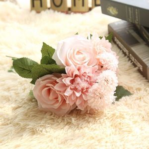 Luxe Dahlia Rose Boeket Mariage Groen Blad Thuis Tafel Decor Wedding Bridal Kunstmatige Hand Bloemen Flores Artificiales