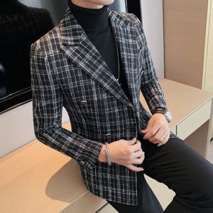 Mannen Koreaanse Business Casual Plaid Blazer Jas Herfst Winter Double Breasted Slim Fit Sociale Smoking Gastheer Jurk Jasje 4XL-M