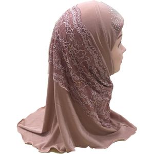 Kant Applique Moslim Praktische Kids Hijab Cap Met Rhinestone Islamitische Meisjes Amira Cap Klaar Te Dragen Sjaal voor Leeftijden 2 -7 hoofddeksels