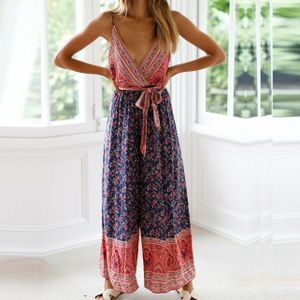 Vrouwen Casual Zomer Boho Jumpsuit Bloemen Mouwloze V-hals Gladiatorschoen Backless Wijde Pijpen Broek Dames Zomerkleding