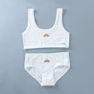 1Set Meisjes Ondergoed En Slipje Tieners 100% Katoen Tops Vest Zacht Ademend Puberteit Gym Slips Jong Training Beha For8 16T