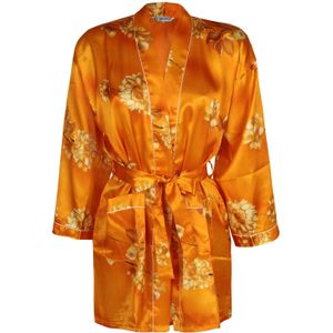 Kimono gewaad zijde blend met print bloemen-Oranje