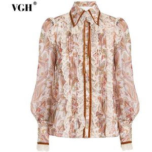 Vgh Patchwork Ruches Lace Blouse Voor Vrouwen Revers Lantaarn Lange Mouw Losse Elegante Blouses Vrouwelijke Mode Kleding Tij