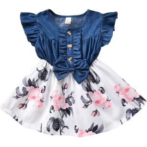 Prinses Peuter Baby Meisjes Jurk Blauw Denim Bloemen Patchwork Ruches Mouw Knie Lengte A-lijn Jurk